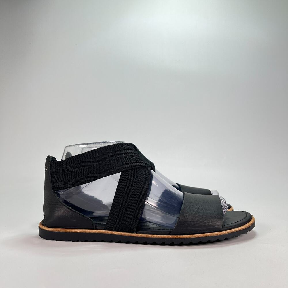 Sorel Ella Black Leather Cross Ankle Strap Sandals NL2893-010 Women's Size 8